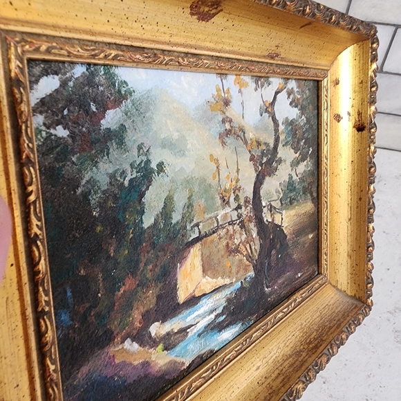 Beautiful vintage original painting landscape bridge over stream creek water - Picture 2 of 8